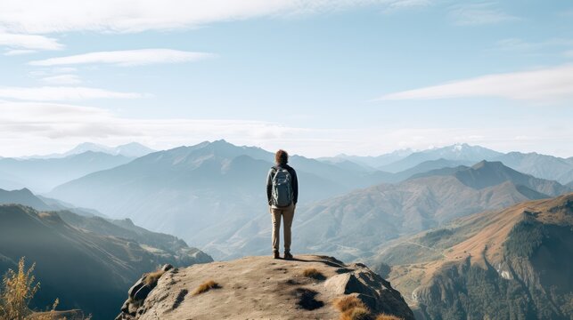 A stunning shot of a person overlooking a huge valley. Generative Ai.