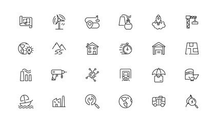 Fototapeta na wymiar Industrial and transport linear icons collection.Set of thin line web icon set, simple outline icons collection, Pixel Perfect icons, Simple vector illustration.