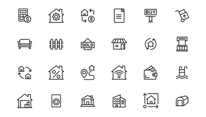 Real Estate minimal thin line web icon set. Included the icons as realty, property,  home loan and more. Outline icons collection.