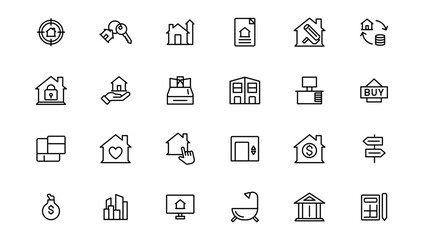 Real Estate minimal thin line web icon set. Included the icons as realty, property,  home loan and more. Outline icons collection.