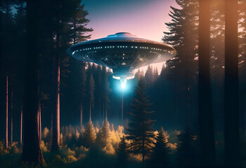 A UFO/UAP hovering over the forest in the night - obrazy, fototapety, plakaty