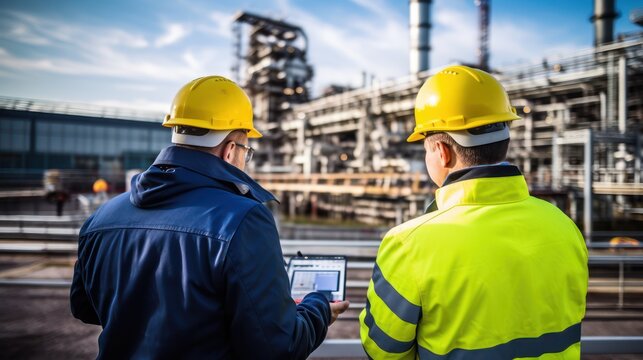 Engineers are working at Petroleum and petrochemical plant. Generative Ai.