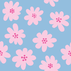 Pink and blue floral seamless pattern. Random tiny stylized pink flowers on blue background. Girlish trendy allover print