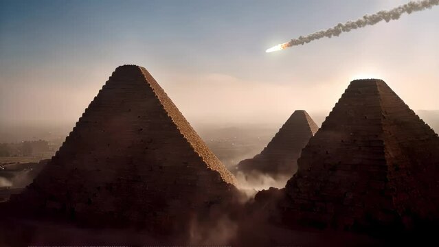 Burning Meteor falling above Pyramids sky's 

Large asteroid or meteor over pyramids at sunset, 2023
