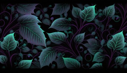 Neon ivy leaves, dark glamorous foliage. Seamless pattern design. Floral tropical 3d illustration. Hand-drawn watercolor. Stylish luxury background, wallpapers, cloth, paper, mural, fabric, Generative
