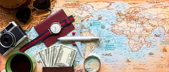 Tourism travel Information brochure. Traveler tour accessories maps, passport items man tourism...