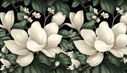 Magnolia flowers seamless pattern, luxury wallpaper, floral background. White gypsophila, dark green leaves. Tropical hand-painted watercolor 3d illustration. Vintage style mural. Digital, Generative 