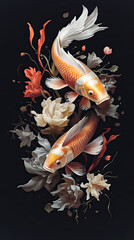 Traditional Chinese Koi with beautiful golden color and delicate patterns,an illustration of two koi fish on a black background,koi fish,koi fish in pond