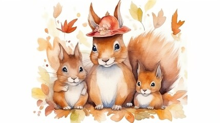 Watercolor illustration of squirrels with the autumn leaves. Generative AI