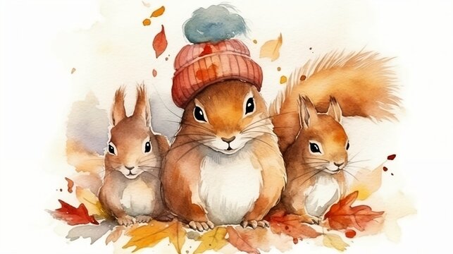 Watercolor illustration of squirrels with the autumn leaves. Generative AI