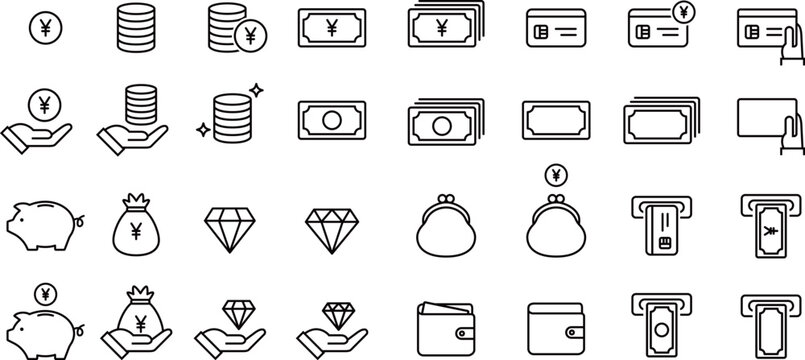 お金に関連する線画アイコンセット（円）
