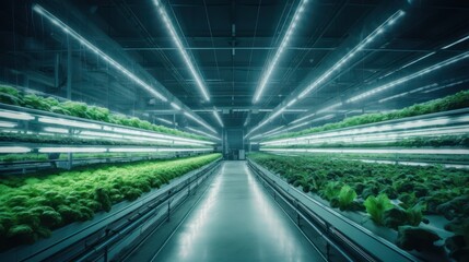 Fototapeta na wymiar Hydroponic indoor vegetable plant factory in exhibition space warehouse. Interior of the farm hydroponics. Green salad farm. Lettuce Roman growing in greenhouse with led lightning. Generative Ai.