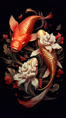 Traditional Chinese Koi with beautiful golden color and delicate patterns,an illustration of two koi fish on a black background,koi fish,koi fish in pond