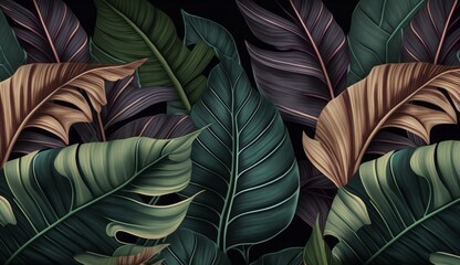 Tropical exotic seamless pattern with dark color vintage banana leaves, palm and colocasia. Hand-drawn 3D illustration. Good for production wallpapers, gift paper, cloth, fabric printing, Generative A