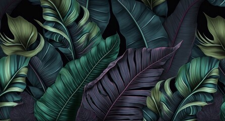 Tropical exotic seamless pattern with dark color vintage banana leaves, palm and colocasia. Hand-drawn 3D illustration. Good for production wallpapers, gift paper, cloth, fabric printing, Generative A