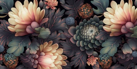  Floral fantasy seamless pattern with vintage exotic tropical flowers, hibiscus, protea, plumeria, cactus, leaves. 3d illustration. Magic abstract background. Luxury design for wallpaper, Generative AI © Richa