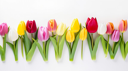 Colorful blooming tulips with flower stems and flower buds on white background. Generative AI.