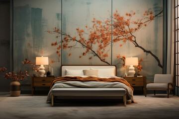 Interior design a bedroom with walls dark tone, in the style of photo-realistic compositions. Generative AI.