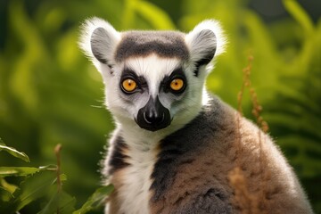 Fototapeta premium Portrait of a lemur against the background of green nature. Generative AI