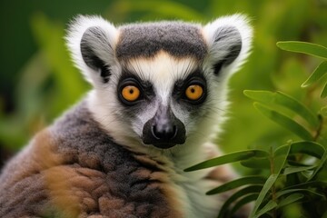 Fototapeta premium Portrait of a lemur against the background of green nature. Generative AI