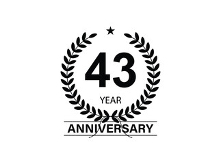 Obraz premium 43 years anniversary pictogram vector icon, 43th year birthday logo label, black and white stamp isolated.