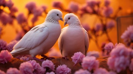 Couple of white pigeons sitting in pink flowers. Generative AI