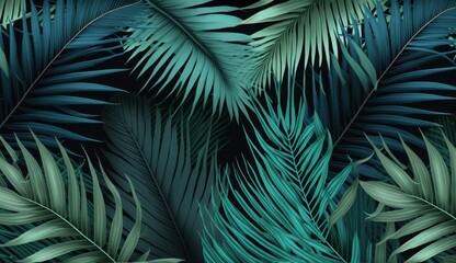 Tropical exotic seamless pattern with green blue color palm leaves. Hand-drawn vintage illustration, background and textured design. Good for production wallpapers, fabric printing, Generative AI - obrazy, fototapety, plakaty