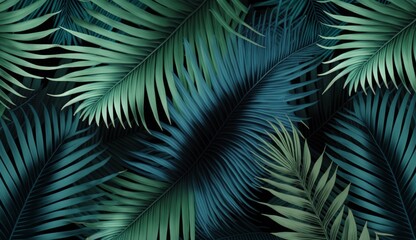 Tropical exotic seamless pattern with green blue color palm leaves. Hand-drawn vintage illustration, background and textured design. Good for production wallpapers, fabric printing, Generative AI