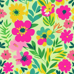 Green, yellow and pink watercolor flowers with stems and leaves. Watercolor art background.