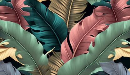 Tropical luxury exotic seamless pattern, pastel colorful banana leaves, palm. Hand-drawn vintage 3D illustration. Dark glamorous bright background design. Wallpapers, fabric printing, Generative AI