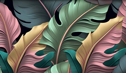Tropical luxury exotic seamless pattern, pastel colorful banana leaves, palm. Hand-drawn vintage 3D illustration. Dark glamorous bright background design. Wallpapers, fabric printing, Generative AI
