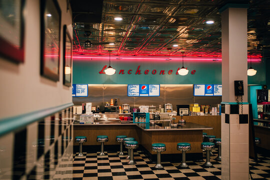 The interior Burleighs Luncheonette vintage diner, Ticonderoga, New York