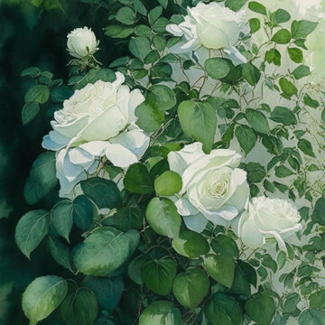 Beautiful white roses garden. Spring flower background, white rores bush.