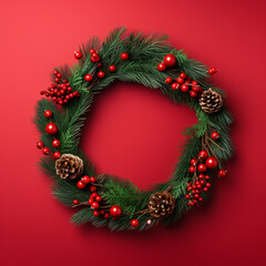 Fototapeta na wymiar Stylish traditional Christmas wreath on a red background,