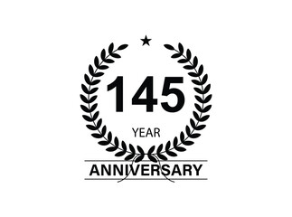 145 years anniversary logo template isolated on white, black and white background. 145th anniversary logo.