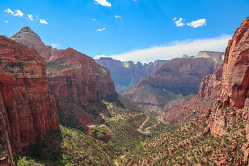 Naklejka premium Panoramic aerial view from Zion National Park Canyon Overlook, Utah, USA. Tranquil atmosphere in wilderness. Uninhabited canyon with majestic rock formations and steep cliffs. Mount Carmel highway