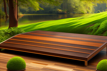 A wooden platform with a large leafy green background A