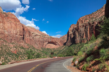 Mount Carmel U.S. scenic highway 9 to Canyon Overlook point in Zion National Park Canyon, Utah, USA. Uninhabited canyon with majestic rock formations, steep cliffs, mountains peaks. Panoramic drive