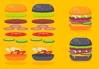 Large vector set of ingredients for burgers. Burger creation set on yellow background. Black and regular buns.