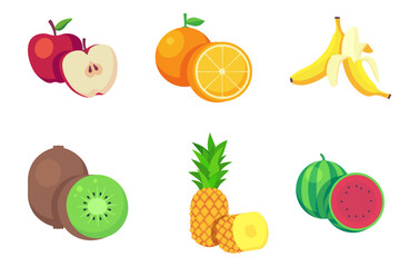 Bright set of 6 vector fruits - apple, orange, banana, kiwi, watermelon and pineapple