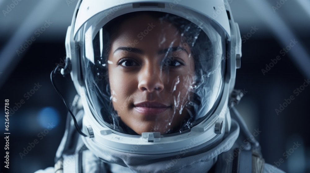 Sticker portrait of female astronaut wearing spacesuit in the spaceship. generative ai