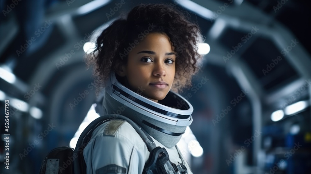 Wall mural portrait of female astronaut wearing spacesuit in the spaceship. generative ai