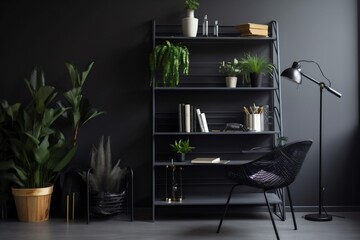 interior business gray armchair shelves stylish style living space decor light trendy wall. Generative AI.