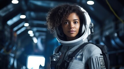 Portrait of female astronaut wearing spacesuit in the spaceship. Generative AI