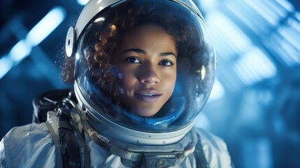 Portrait of female astronaut wearing spacesuit in the spaceship. Generative AI