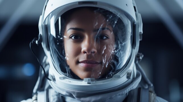 Portrait of female astronaut wearing spacesuit in the spaceship. Generative AI