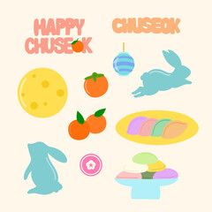 Hand drawn rabbit, orange, songpyeon rice cake, moon, persimmon for Happy Chuseok icons, Korean Thanksgiving Day, Lunar New Year, mid autumn festival, sticker, cartoon, animal print, sweet dessert