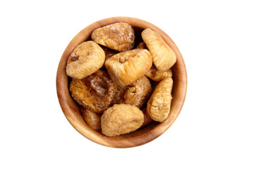 Dried figs in wooden bowl isolated on white background top view