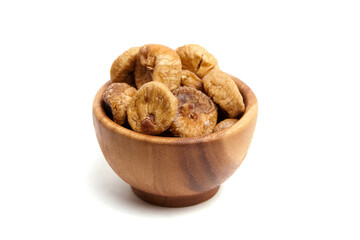 Dried figs in wooden bowl isolated on white background