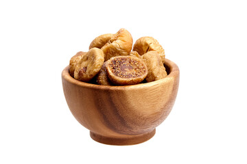 Dried figs in wooden bowl isolated on white . Sweet dried fruits, fig slice